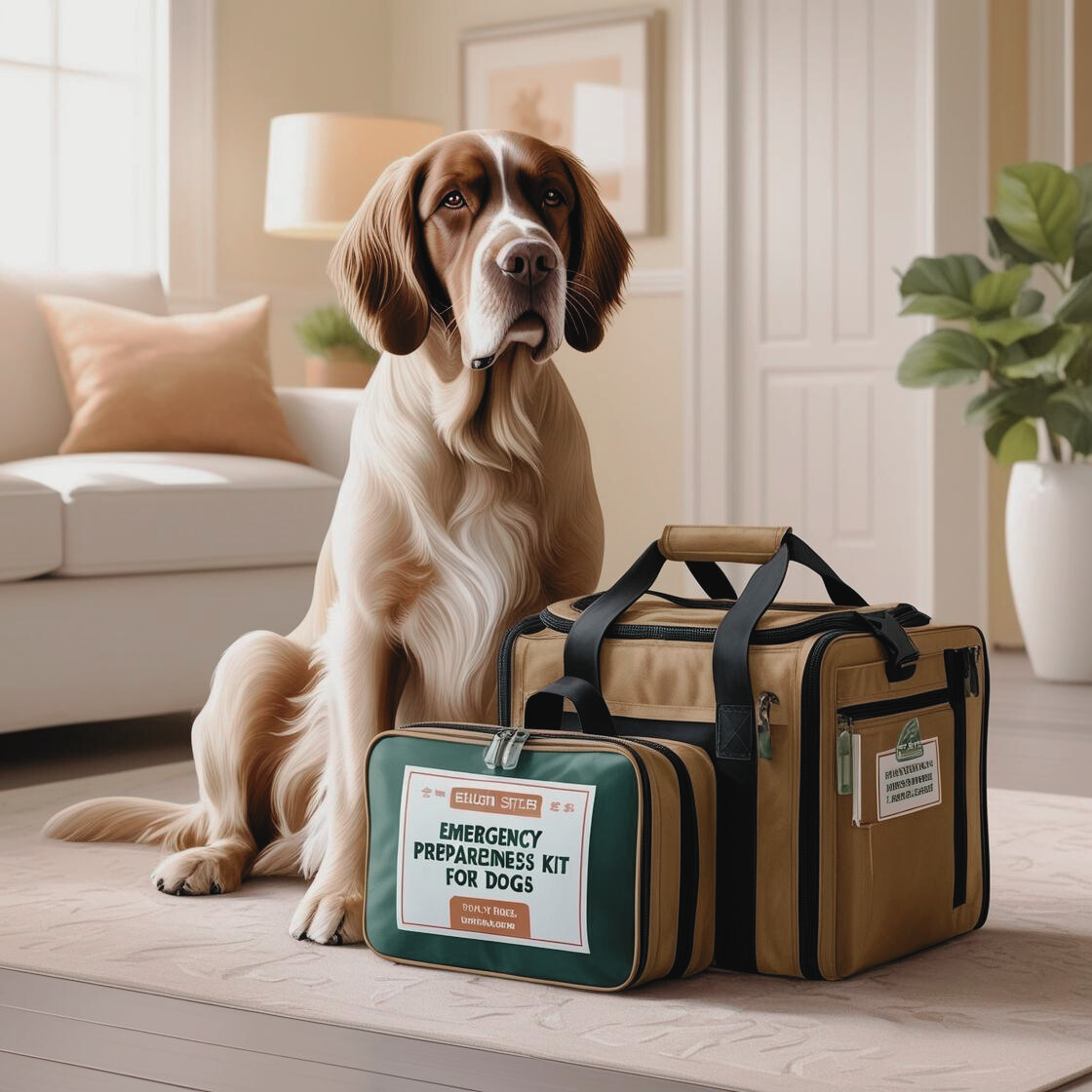 Dog sat with emergency preparedness bag 
